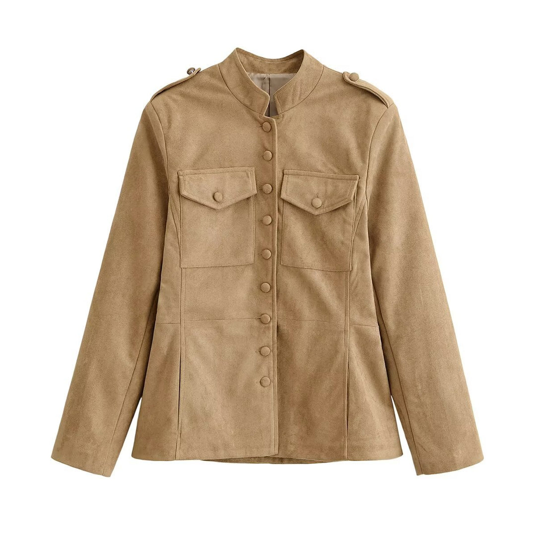 Damen taillierte Safari-Jacke in Velourslederoptik mit Pattentaschen Shop Nory