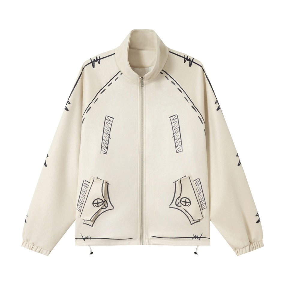 Unisex Oversize Fleecejacke mit Stehkragen und grafischem Skizzenprint Shop Nory
