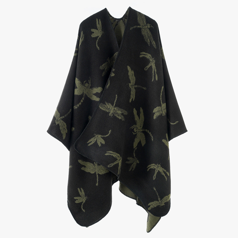 Damen Wollmix-Poncho mit Libellen-Jacquard und offenem Wasserfall-Schnitt Shop Nory