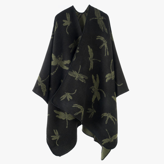 Damen Wollmix-Poncho mit Libellen-Jacquard und offenem Wasserfall-Schnitt Shop Nory