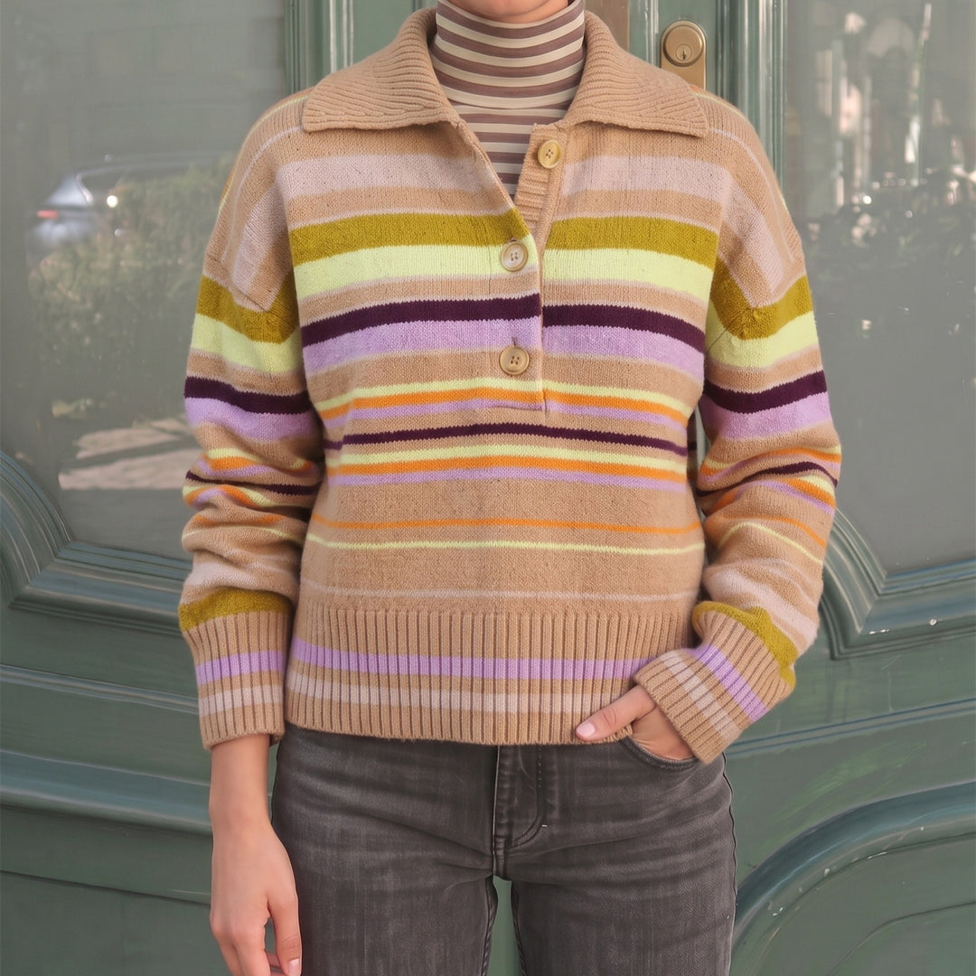 Damen Gestreifter Strickpullover mit Polokragen & Knopfleiste Shop Nory