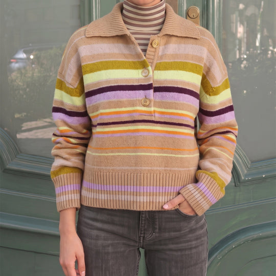 Damen Gestreifter Strickpullover mit Polokragen & Knopfleiste Shop Nory