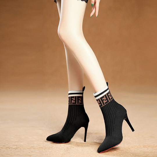 Damen nan elegante Strick-Socken-Stiefelette mit schmalem Stilettoabsatz und elastischem Schaft Shop Nory