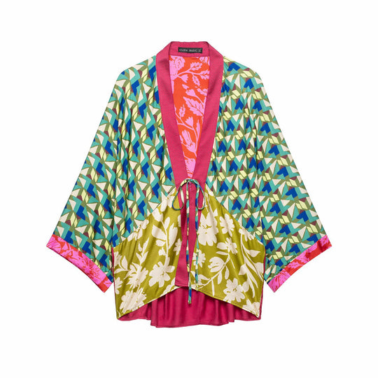 Damen Gemusterter Seiden-Kimono mit Bindegürtel und weitem Fledermausärmel Shop Nory