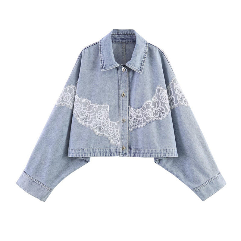 Damen verkürzte Jeansjacke mit Spitzenbesatz und überschnittener Schulter Shop Nory