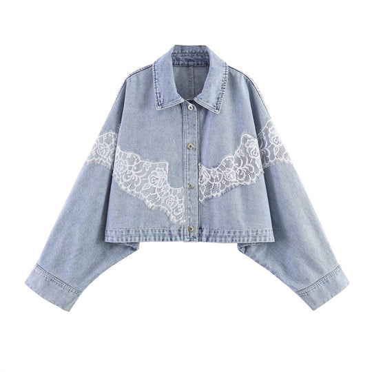 Damen verkürzte Jeansjacke mit Spitzenbesatz und überschnittener Schulter Shop Nory