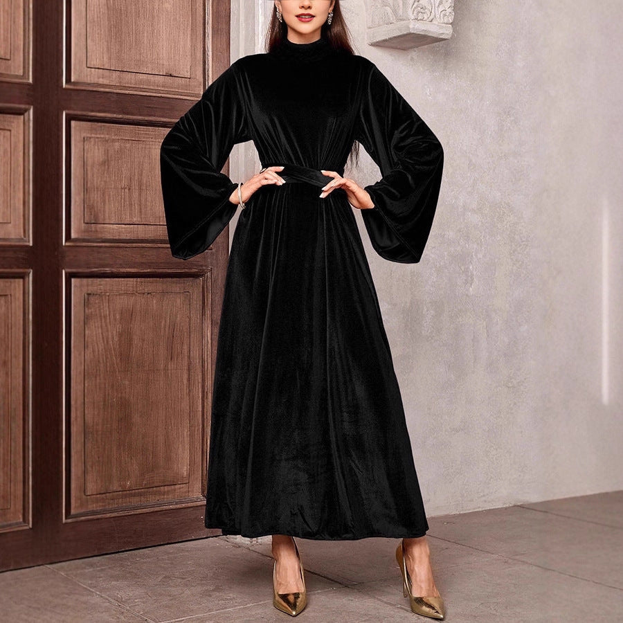 Damen Maxikleid aus Samt mit Stehkragen, weitem Glockenärmel und Taillengürtel Shop Nory