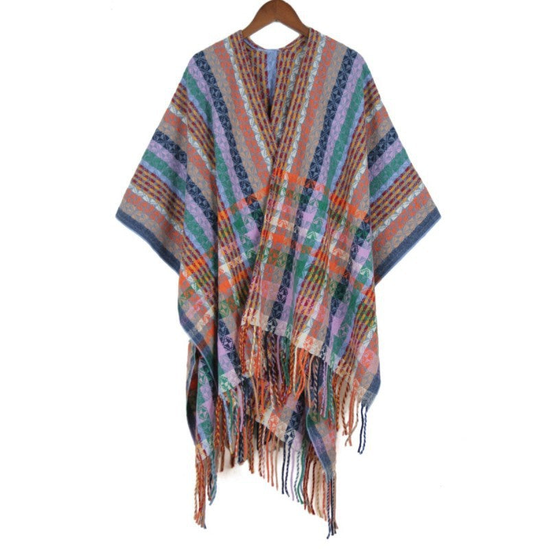 Damen Mehrfarbiger Web‑Poncho im Boho‑Patchwork‑Design mit Fransen Shop Nory