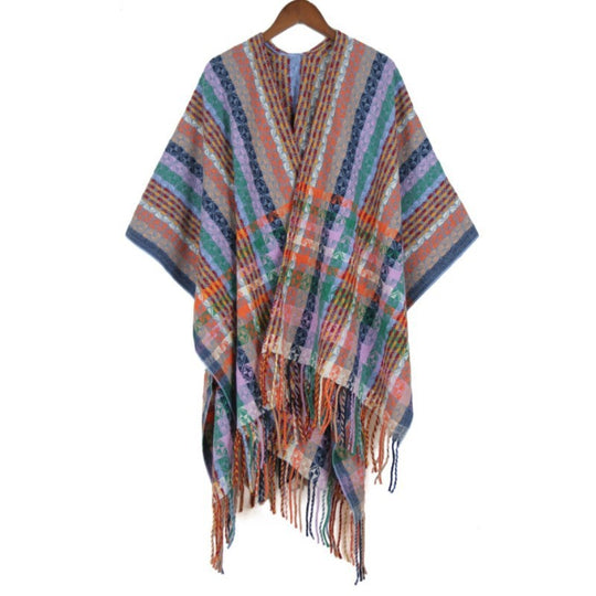 Damen Mehrfarbiger Web‑Poncho im Boho‑Patchwork‑Design mit Fransen Shop Nory