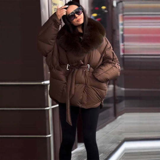 Damen Oversize Steppjacke mit Taillengürtel und Kunstfellkragen Shop Nory
