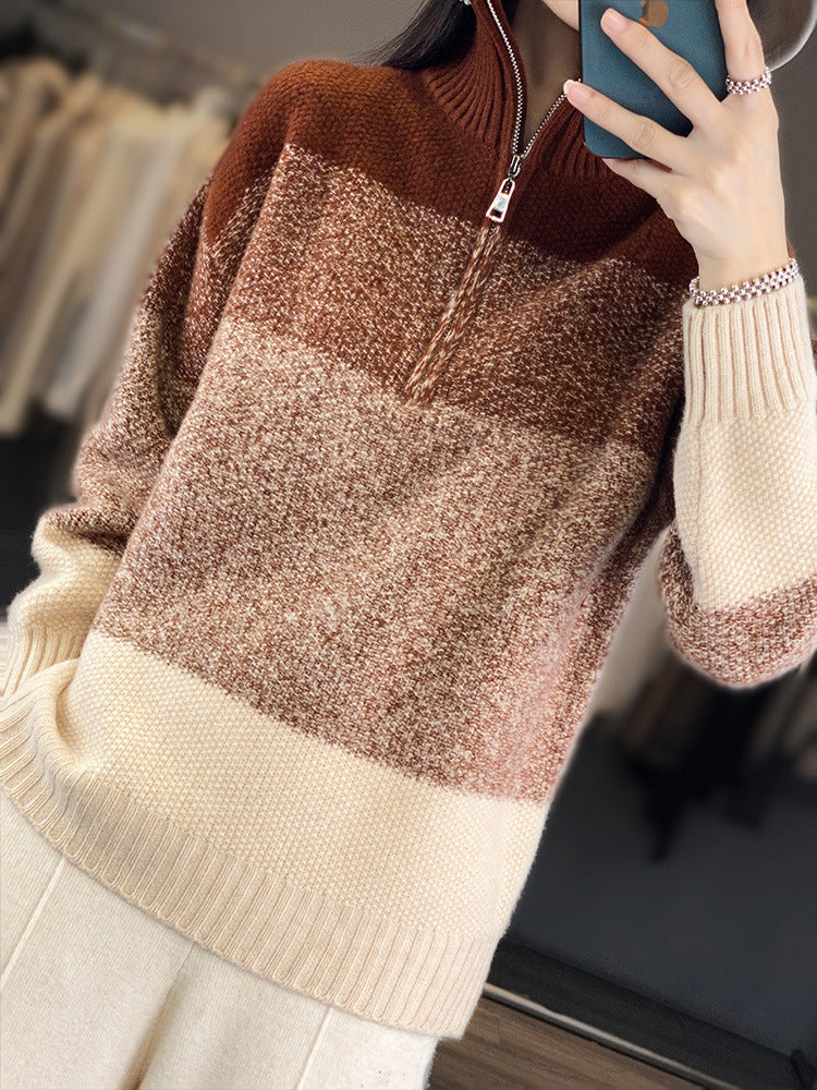Damen Oversize-Strickpullover mit halbem Zip, meliertem Blockstreifen und weichem Flor Shop Nory
