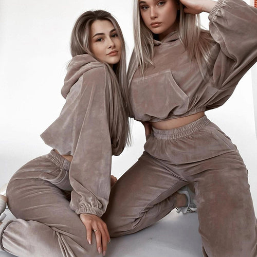 Damen Samt-Cropped-Loungewear-Set mit Kapuzenpullover und elastischer High-Waist-Jogginghose Shop Nory
