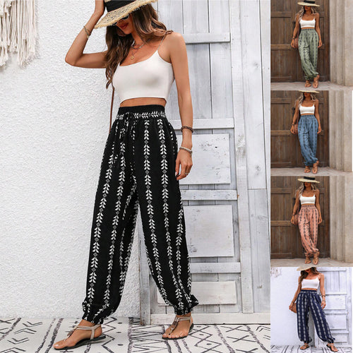 Damen Locker geschnittene Leinenoptik-Hose mit Smokbund, Kordelzug und Ethno-Print Shop Nory