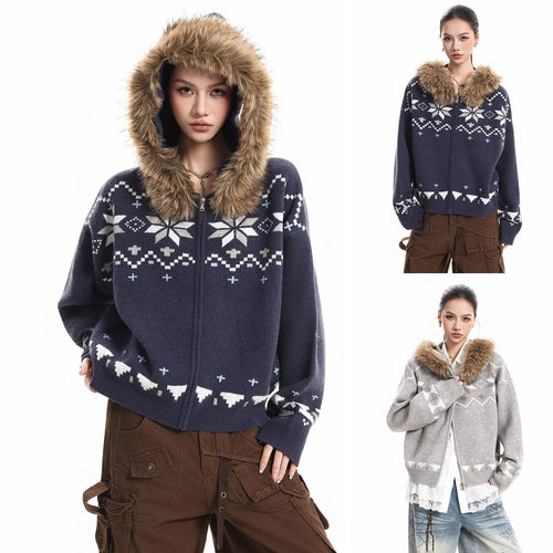 Damen Kapuzensweatjacke mit Kunstfell Kragen und Norweger-Muster Shop Nory