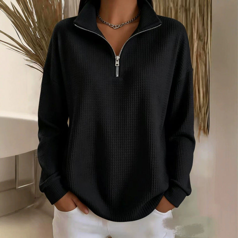 Damen Waffelstrick-Sweatshirt mit halbem Reißverschluss und Stehkragen Shop Nory