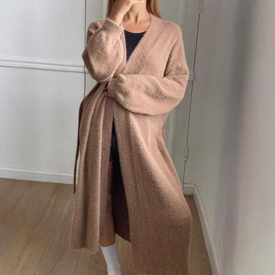Damen Langer Wickel-Cardigan in Flausch-Optik mit Bindegürtel Shop Nory