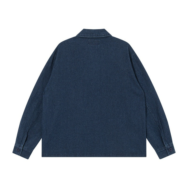 Herren Kurz geschnittene Denim-Chorejacke im Boxy-Blousonstil mit chinesischer Knebelknopfleiste Shop Nory