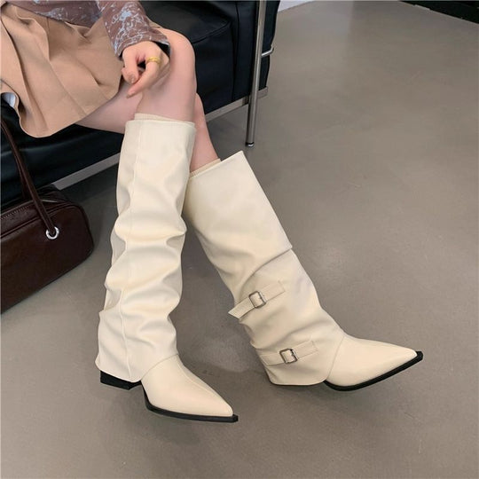 Damen Slouch-Kniehohe Stiefel mit spitzer Zehenform, dekorativen Schnallen und sculpted Blockabsatz Shop Nory