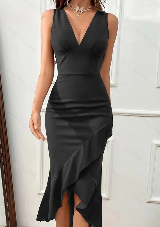 Damen Midikleid mit V-Ausschnitt und asymmetrischem Rüschensaum