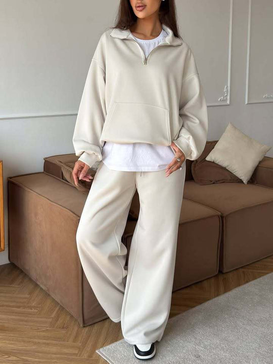 Damen Bequeme und elegante Langarm-Pullover mit Reißverschluss und weiten Jogginghose Shop Nory
