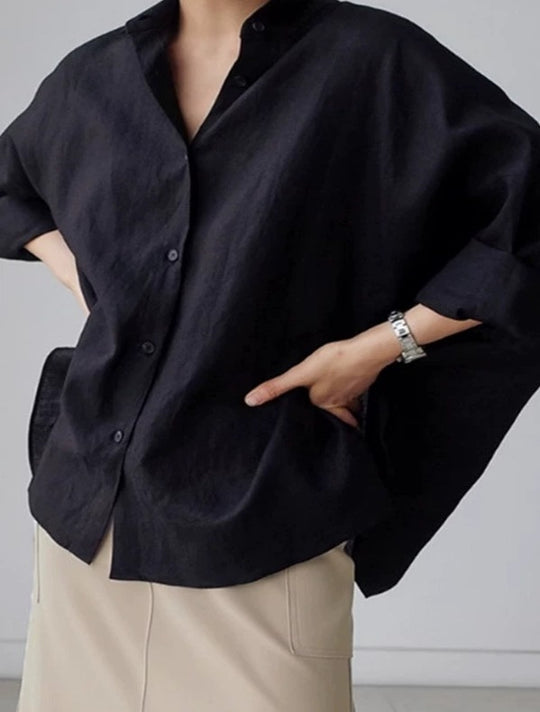 Damen Oversize-Leinenbluse mit geraffter Rückenpasse und krempelbaren Ärmeln Shop Nory