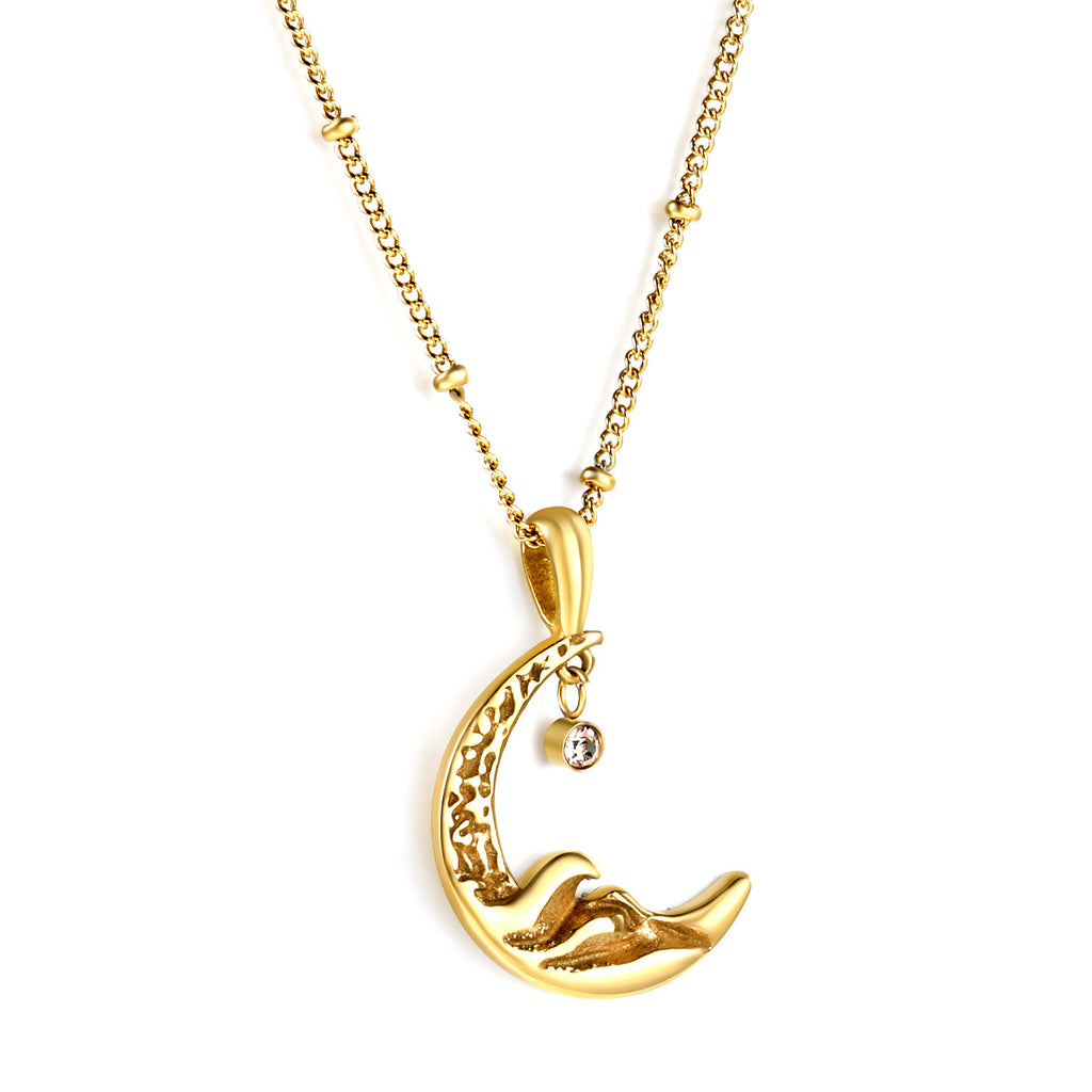 Damen Halskette mit mondförmigem Anhänger aus goldplattiertem Edelstahl und funkelndem Zirkonia Shop Nory