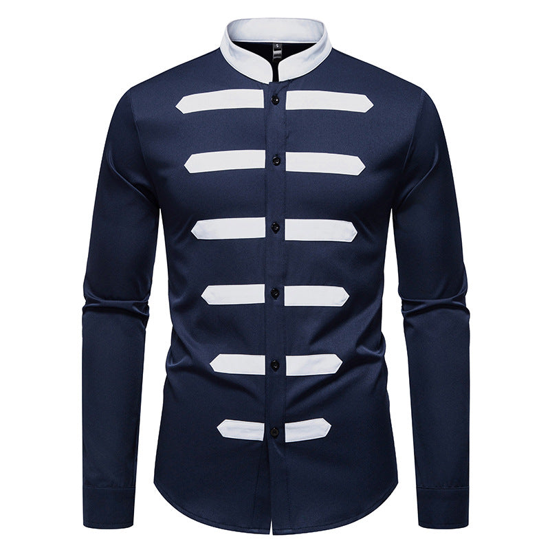 Herren Slim-Fit Hemd mit Stehkragen und dekorativen Paspelstreifen Shop Nory