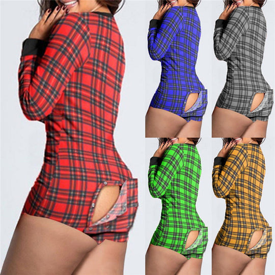 Damen Karierter Longsleeve-Body mit praktischer Rückenöffnung & Druckknopf-Slip Shop Nory
