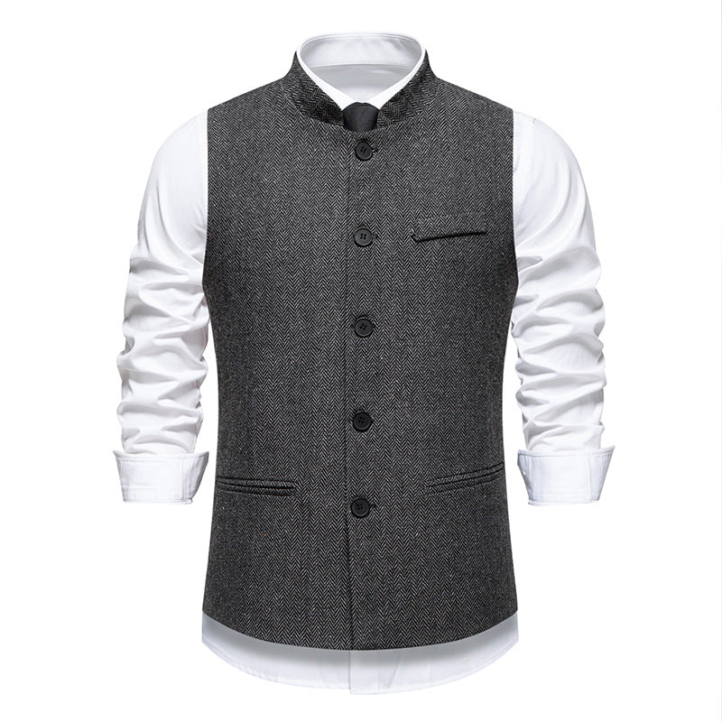 Herren elegante Weste mit Stehkragen und Fischgrätmuster aus Wollmix Shop Nory
