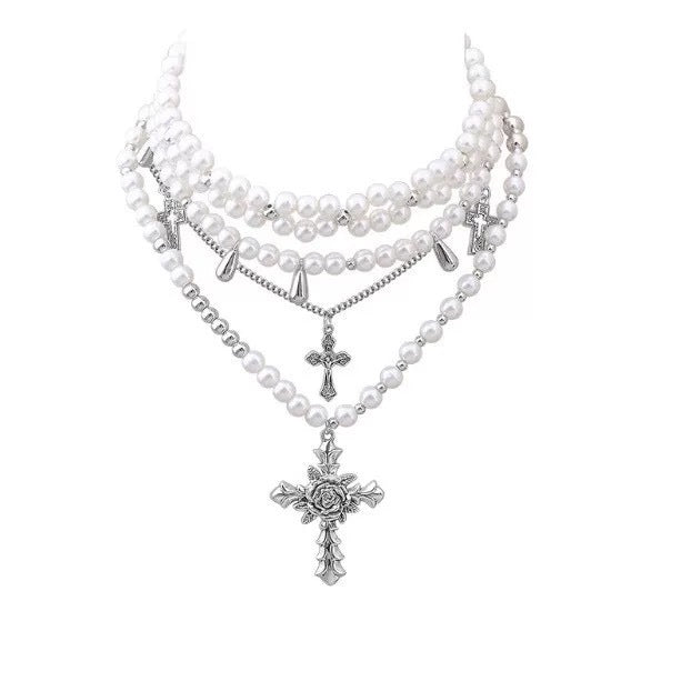 Damen Perlenkette mit kunstvollen Kreuzanhängern Shop Nory
