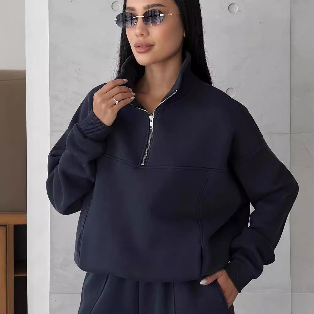 Damen Weiches Oversized Lounge-Set mit Troyer-Kragen, Eingrifftaschen und schmeichelhafter High-Waist Hose Shop Nory