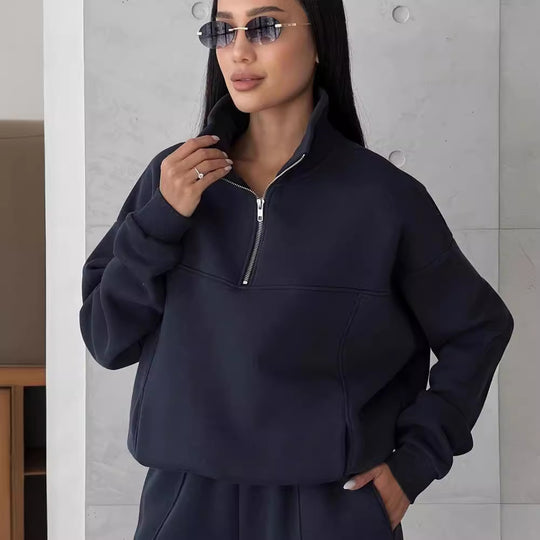 Damen Weiches Oversized Lounge-Set mit Troyer-Kragen, Eingrifftaschen und schmeichelhafter High-Waist Hose Shop Nory