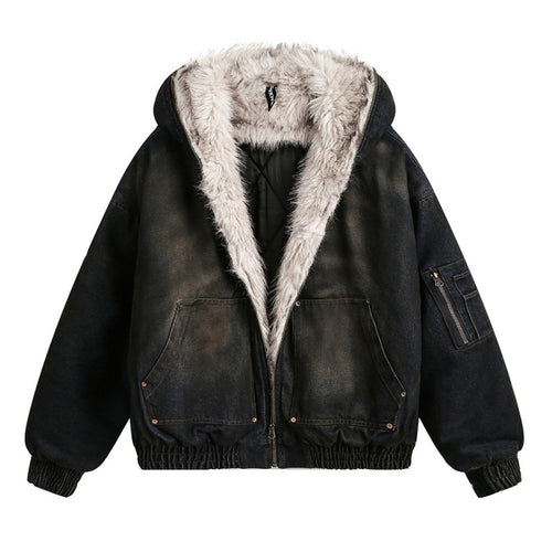 Herren Gefütterte Bomberjacke mit Teddyfutter, Kapuze und Used-Finish Shop Nory