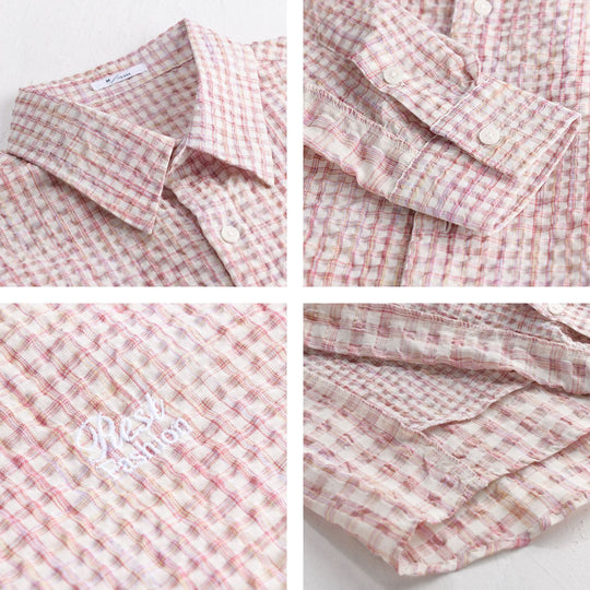 Damen Relaxed-Fit Crinkle-Hemdjacke mit feiner Gingham‑Webstruktur und dezenter Bruststickerei Shop Nory