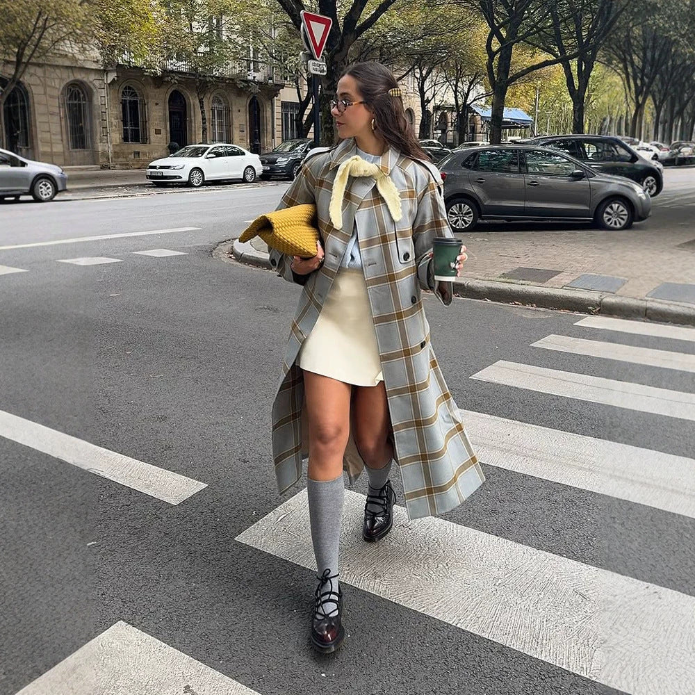 Damen langer kariierter Mantel im Trenchcoat-Stil mit doppelter Knopfleiste Shop Nory
