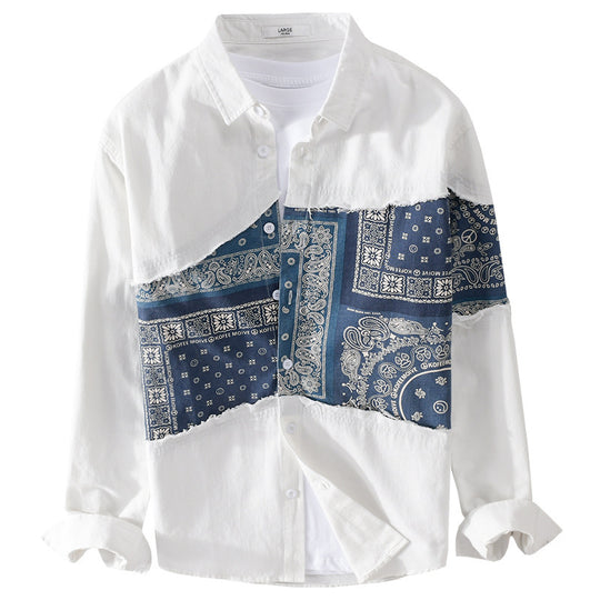 Herren Patchwork-Hemdjacke mit Bandana-Einsatz, rohen Kanten und weiter Passform Shop Nory