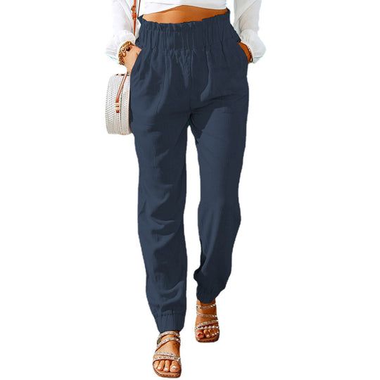 Damen Hochtaillierte Leinenoptik-Joggerhose mit elastischem Rüschbund und Eingrifftaschen Shop Nory