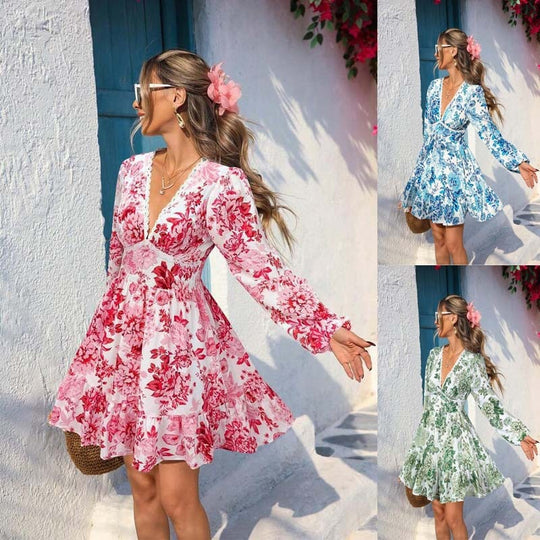 Damen Florales Wickelkleid mit V‑Ausschnitt, geraffter Empire‑Taille und Volantrock Shop Nory