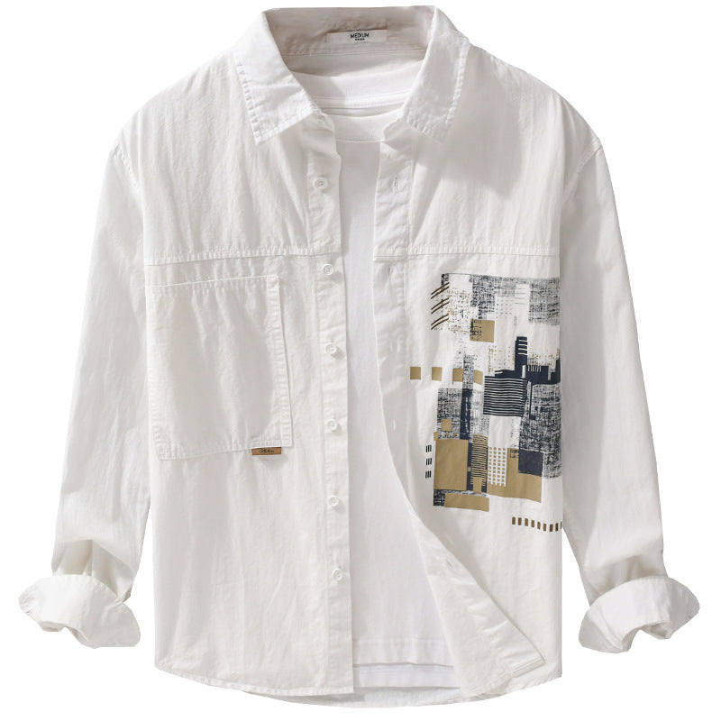 Herren Leichtes Baumwoll-Canvas-Overshirt mit abstraktem Frontprint und Doppelbrusttasche Shop Nory