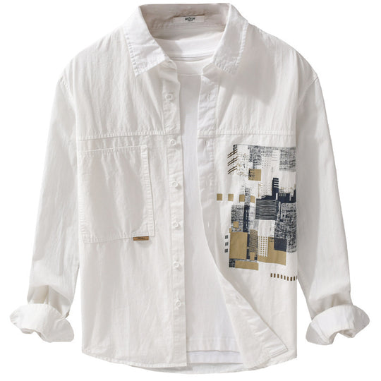 Herren Leichtes Baumwoll-Canvas-Overshirt mit abstraktem Frontprint und Doppelbrusttasche Shop Nory