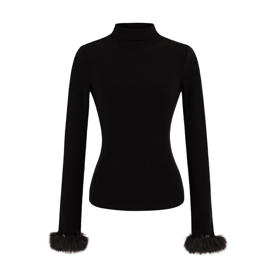 Damen Eng anliegendes Rollkragen-Top mit Kunstfellmanschetten Shop Nory