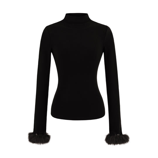 Damen Eng anliegendes Rollkragen-Top mit Kunstfellmanschetten Shop Nory