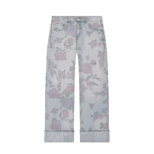 Damen Weite Blumenprint-Denimhose mit geradem Bein und Umschlag Shop Nory
