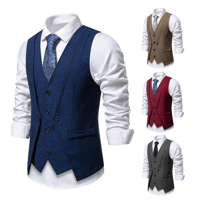 Herren Elegante Fischgräten-Tweedweste mit doppelreihiger Knopfleiste und Pattentaschen Shop Nory