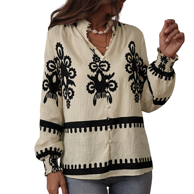 Damen Bestickte ViskosShop Noryluse mit Stehkragen, Zierknopfleiste und Smokbündchen Shop Nory