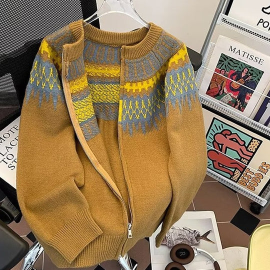 Damen Kurz geschnittene Norweger-Strickjacke mit durchgehendem Reißverschluss und Rundkragen Shop Nory