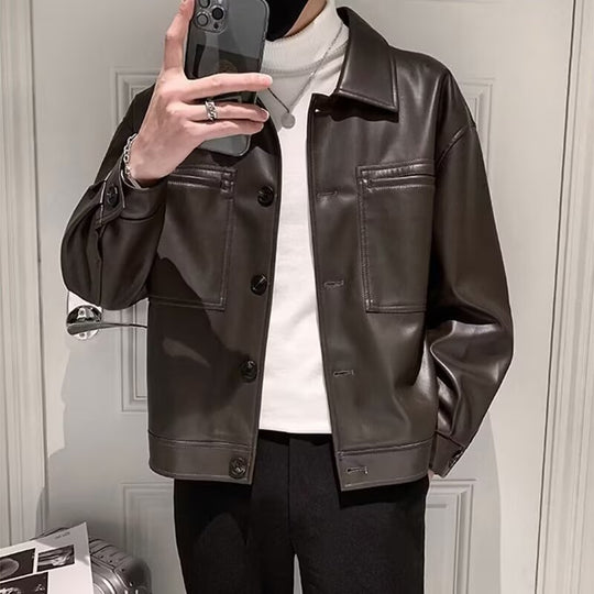 Herren Boxy Overshirt aus Lederoptik mit Hemdkragen und aufgesetzten Brusttaschen Shop Nory