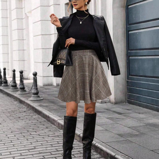 Damen Karierter A‑Linienrock mit hoher Taille und feiner Faltenlegung Shop Nory