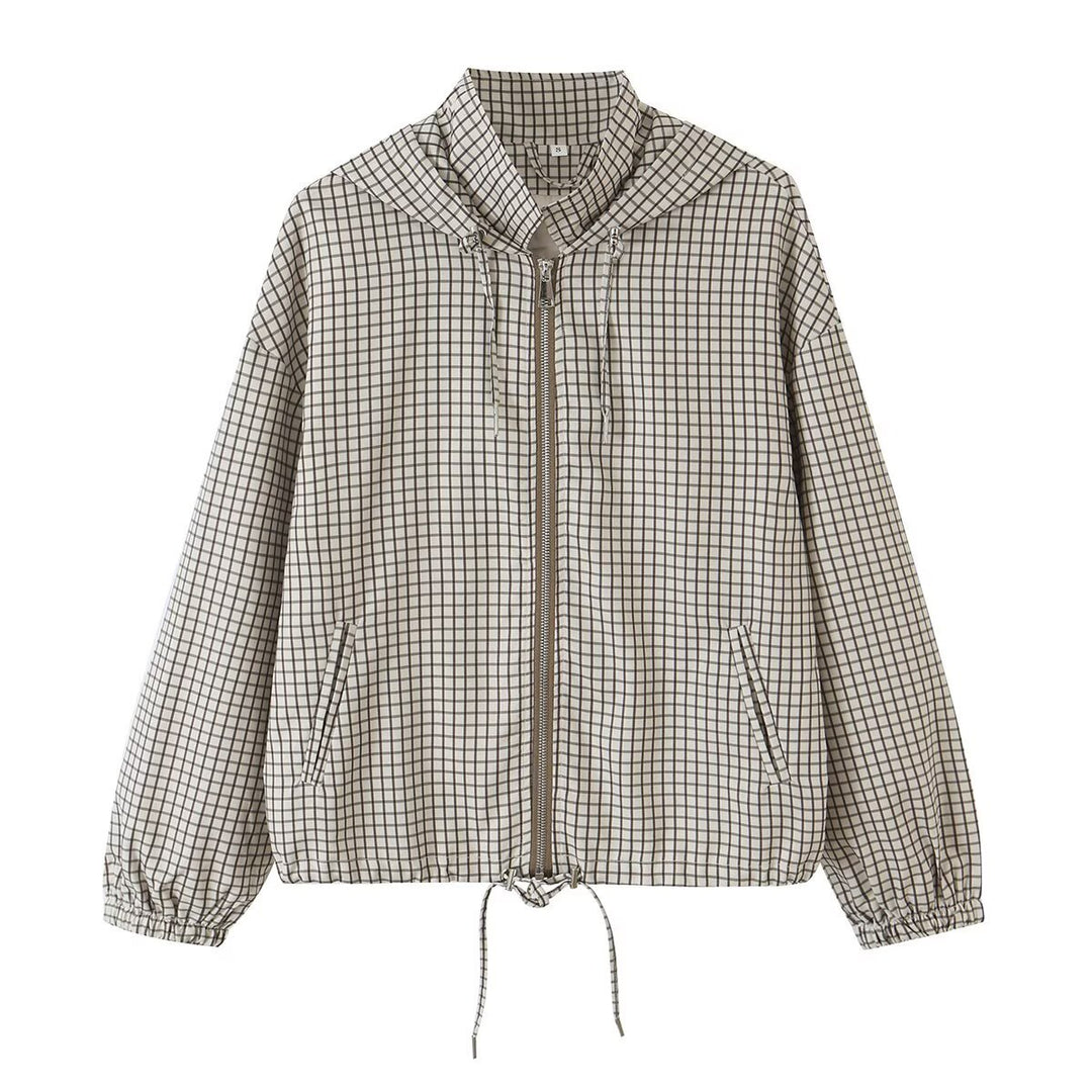 Damen Leichte Kapuzen-Boxy-Übergangsjacke mit Karo-Gitterprint, Tunnelzug und Elastikbündchen Shop Nory