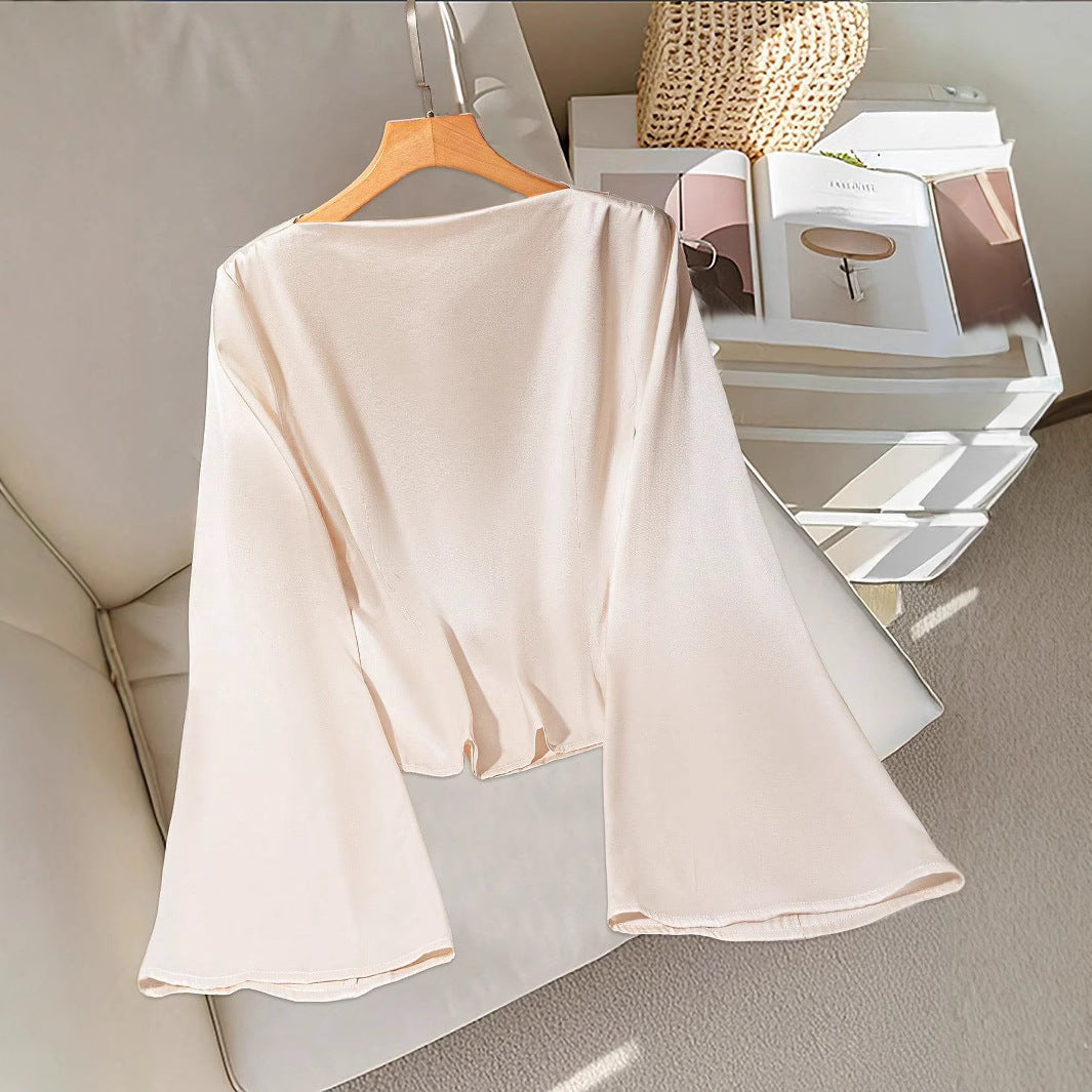 Damen Drapiertes Satin-Top mit Wasserfallkragen & Volantsärmeln Shop Nory